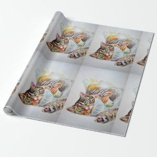 Cute Tabby katt spelar upp vattenfärgsvällning i k Presentpapper