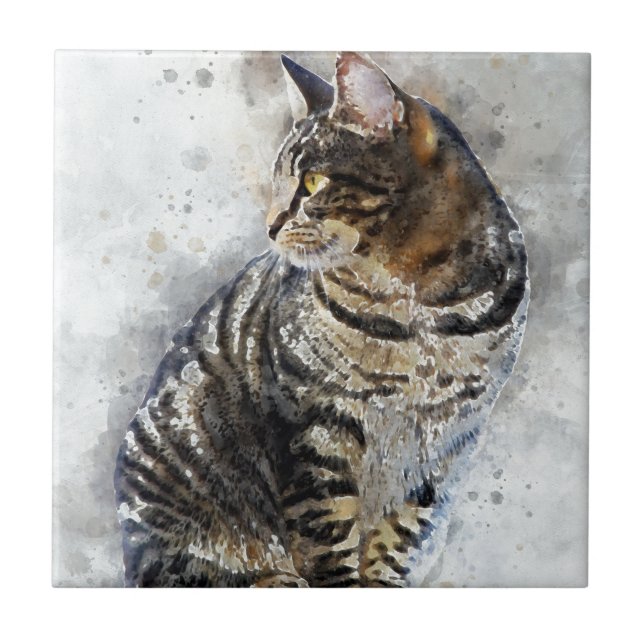 Cute Tabby katt Watercolor Art Kakelplatta (Framsidan)