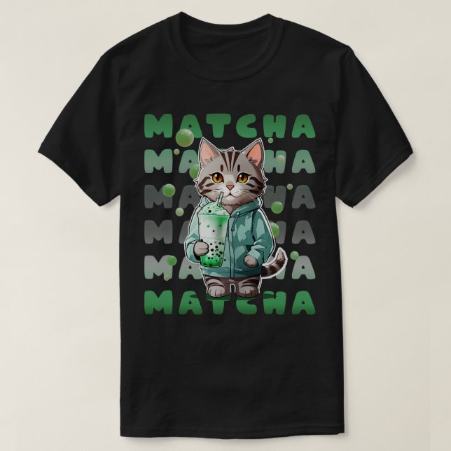 Cute Tabby Kitten i Hoodie-drickande Matcha-Grönte T Shirt (Design framsida)