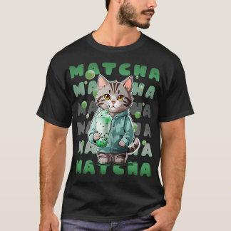 Cute Tabby Kitten i Hoodie-drickande Matcha-Grönte T Shirt