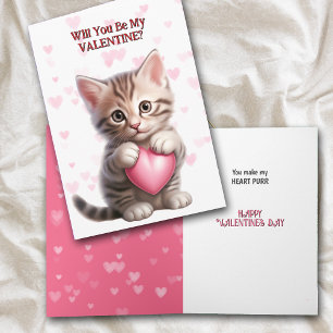 Cute Tabby Kitten med Rosa Heart Valentine Helgkort