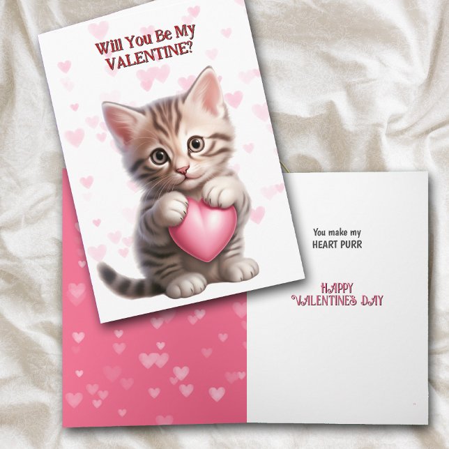 Cute Tabby Kitten med Rosa Heart Valentine Helgkort (Skapare uppladdad)