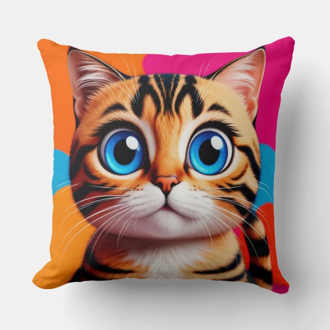 Cute Tabby Kitten Portrait With Big Blue Eyes Kudde (Framsida)