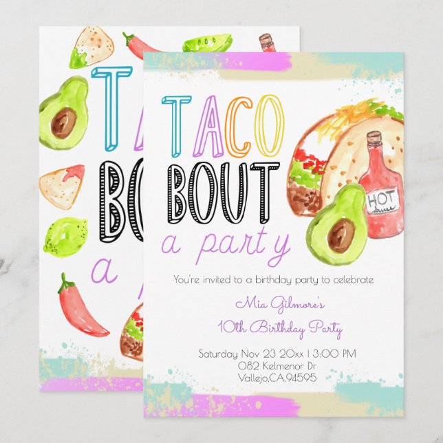 Cute taco-tema feista unge födelsedag inbjudan (Fram/baksida)