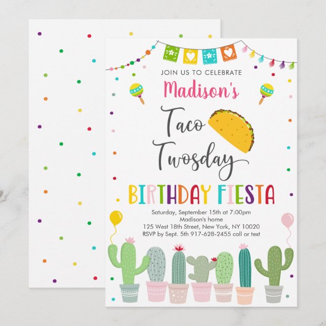 Cute Taco Twosday Fiesta Cactus Birthday Inbjudningar (Fram/baksida)