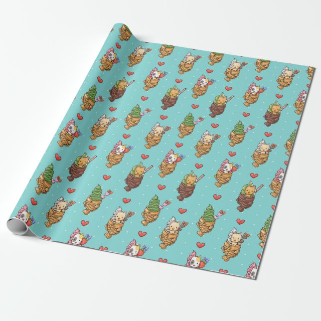 Cute Taiyaki Ice Cream Dessert Kawaii Cat Blue Presentpapper (Utrullad)