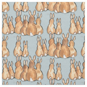 Cute Tan Bunny Rabbits på Blue Background Rustic Tyg