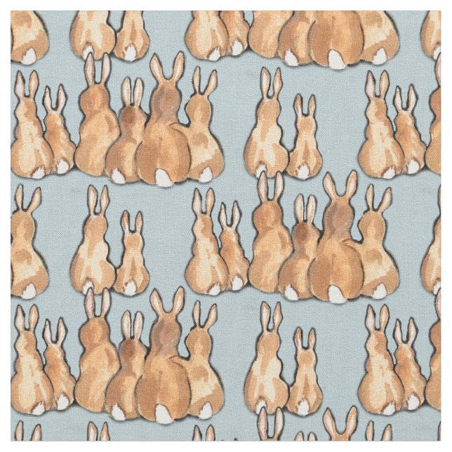 Cute Tan Bunny Rabbits på Blue Background Rustic Tyg (Närbild)