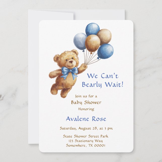 Cute Tan-Nalle med Balloons Boy Shower Inbjudningar (Framsida)