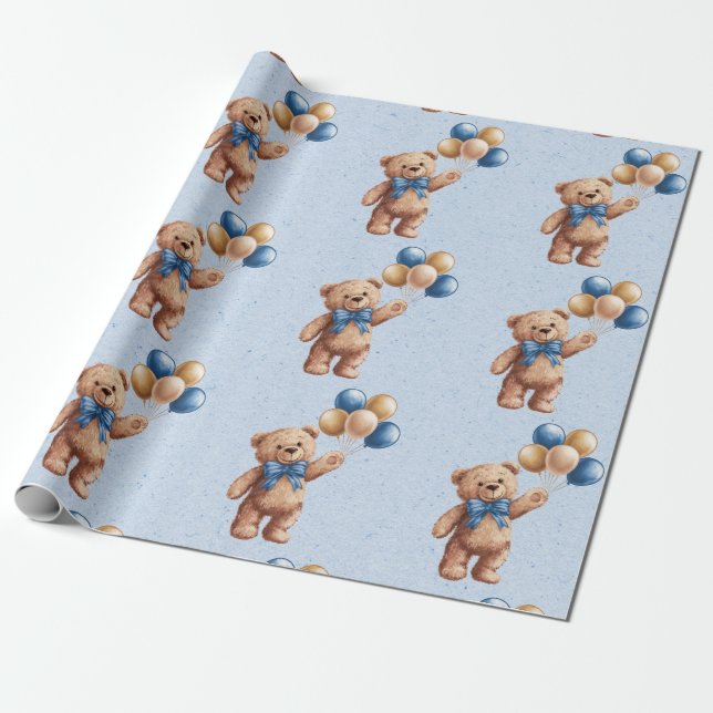 Cute Tan-Nalle med Balloons Boy Shower Presentpapper (Utrullad)