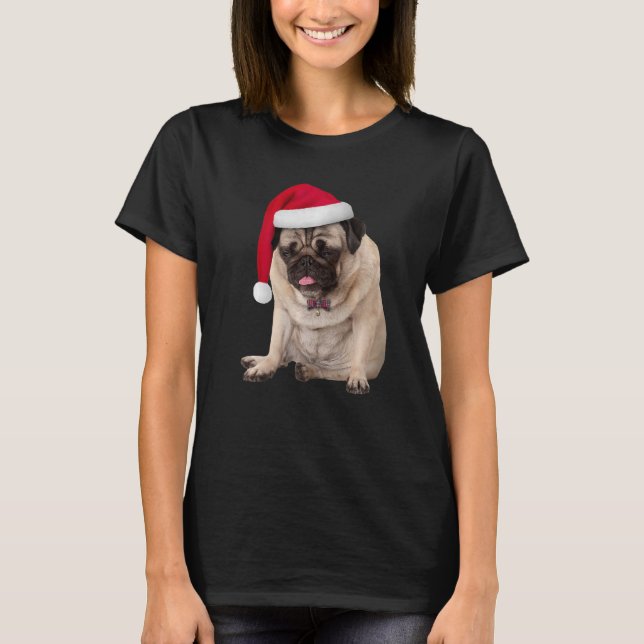 Cute Tan Pug Santa Hat Play Bowtie Image Christma T Shirt (Framsida)