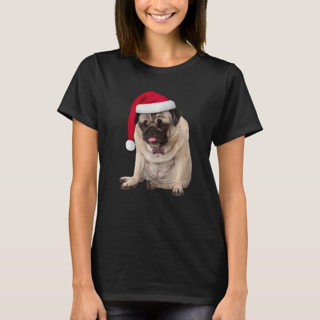 Cute Tan Pug Santa Hat Play Bowtie Image Christma T Shirt (Framsida)