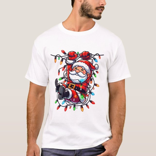 Cute Tangled Santa in Christmas Lights T Shirt (Framsida)