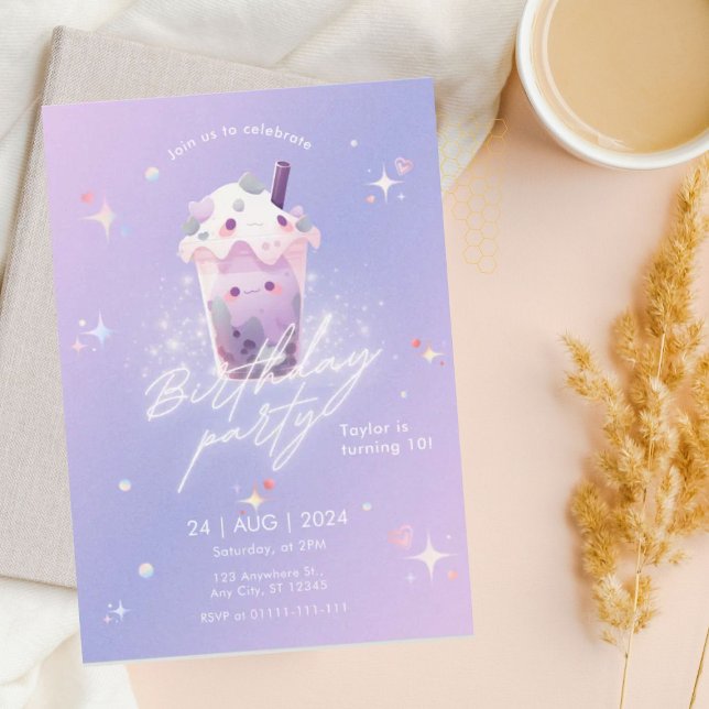 Cute Taro Boba Tea Girl Birthday-inbjudan Inbjudningar (Skapare uppladdad)