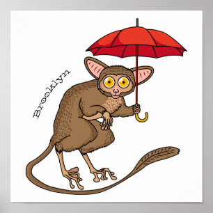 Cute Tarsier med paraplyillustration av tecknaden Poster