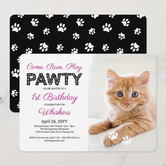 Cute Tass avtryck Anpassningsbar Pet Birthday Pawt Inbjudningar (Fram/baksida)