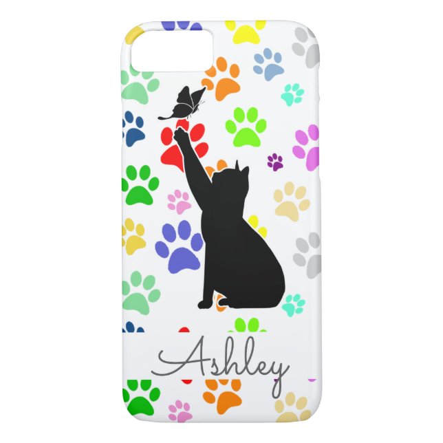 Cute Tass Mönster Cat Chasing a butterfly Monogram Case-Mate iPhone Skal (Baksida)