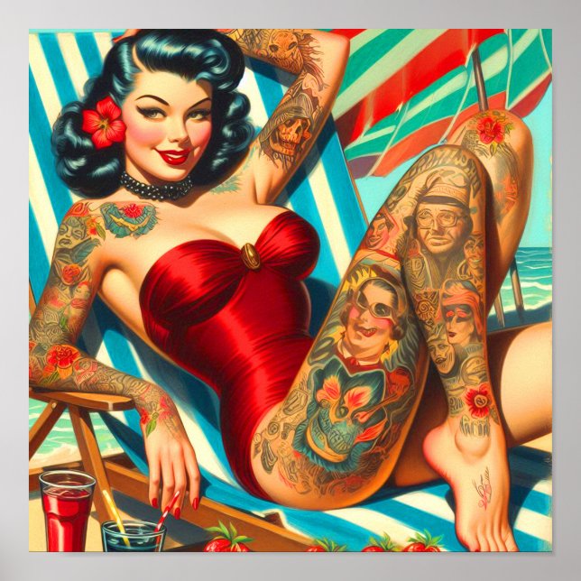Cute Tattooed Swimdress Pin-up Poster (Framsidan)