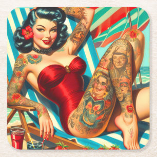 Cute Tattooed Swimdress Pin-up Underlägg Papper Kvadrat