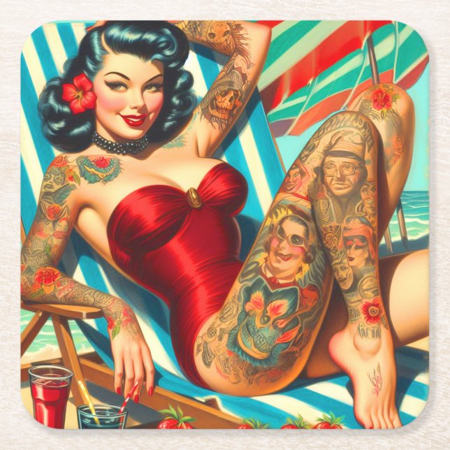 Cute Tattooed Swimdress Pin-up Underlägg Papper Kvadrat (Framsidan)