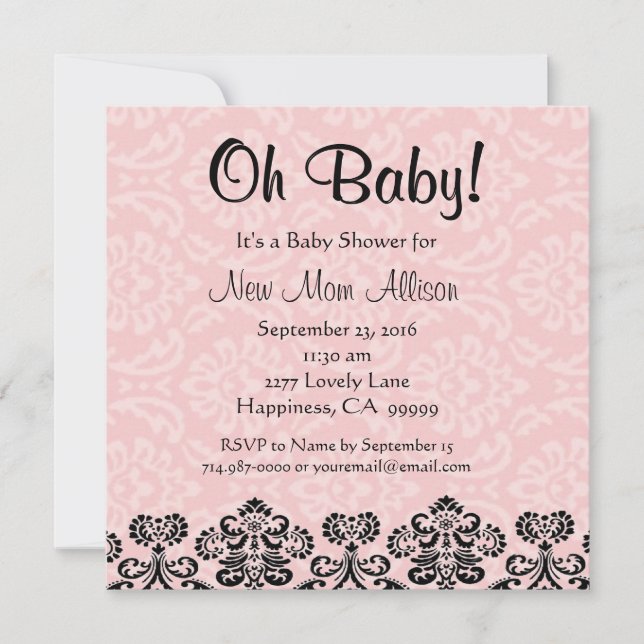 Cute Taupe Damask ROSA Girl Baby Shower V03 Inbjudningar (Framsida)