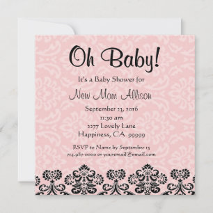 Cute Taupe Damask ROSA Girl Baby Shower V03 Inbjudningar