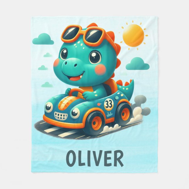 Cute Tävla Dinosaur i en bil Fleecefilt (Framsidan)