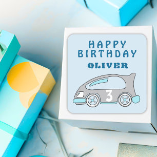 Cute Tävling Car Blue Boy Grattis på födelsedagen Fyrkantigt Klistermärke