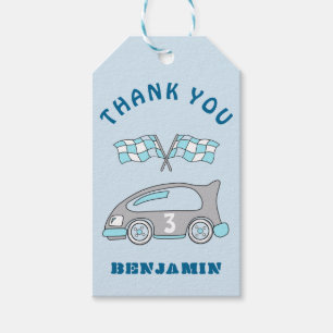 Cute Tävling Car Flaggor Blue Boy Birthday Tack Presentetikett