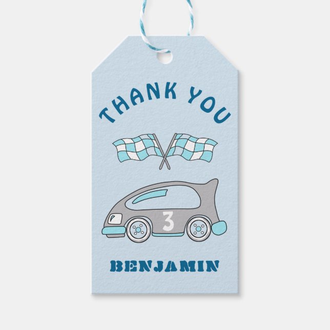 Cute Tävling Car Flaggor Blue Boy Birthday Tack Presentetikett (Framsidan)