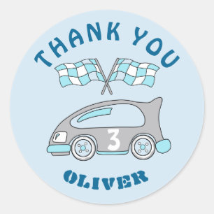 Cute Tävling Car Flaggor Blue Boy Birthday Tack Runt Klistermärke