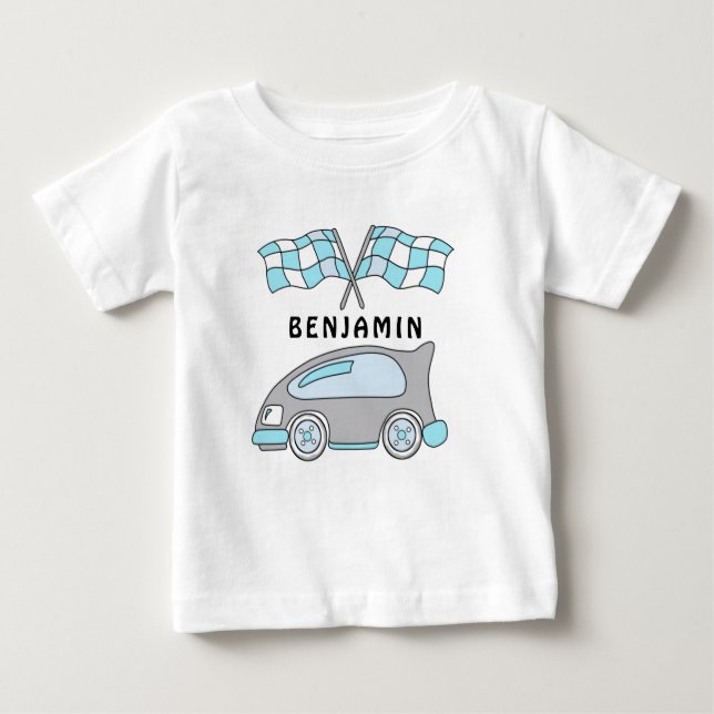 Cute Tävling Car och Flaggor Pojke Namn T Shirt (Framsida)