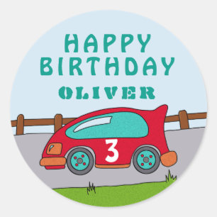 Cute Tävling Car Red Boy Namn Age Grattis på födel Runt Klistermärke