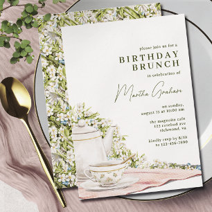 Cute Tea + Blommigt Garden Elegant Birthday Brun Inbjudningar