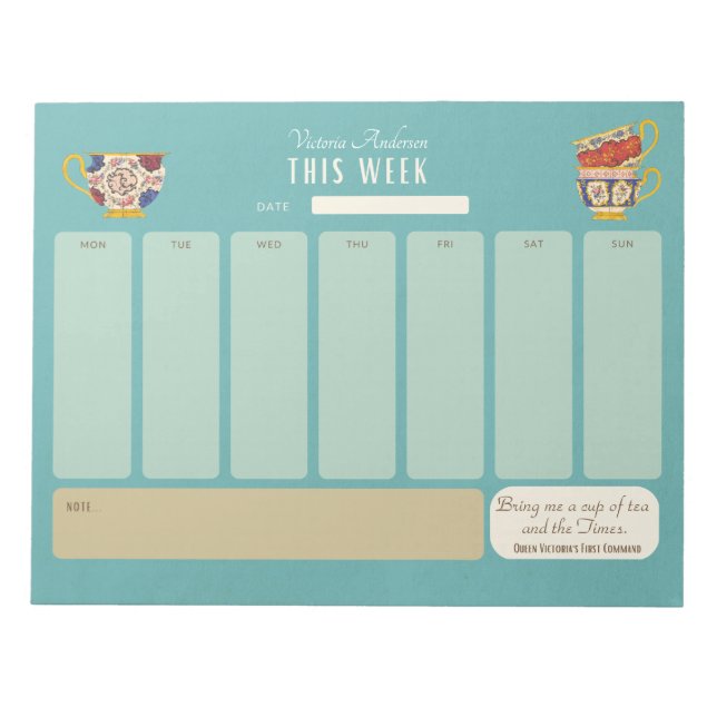 Cute Tea Drinker Personlig Weekly Agenda Anteckningsblock (Framsida)