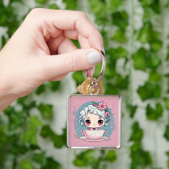 Cute Tea Kopp Doll Keychain Fyrkantig Silverfärgad Nyckelring (Hand)