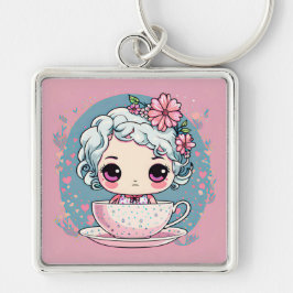 Cute Tea Kopp Doll Keychain Fyrkantig Silverfärgad Nyckelring