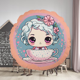 Cute Tea Kopp Doll Round Pillow Rund Kudde