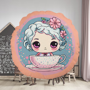 Cute Tea Kopp Doll Round Pillow Rund Kudde