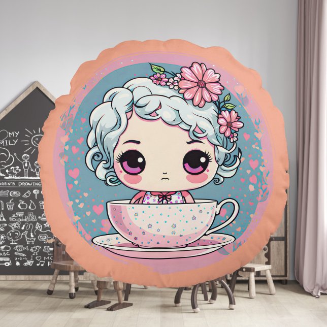 Cute Tea Kopp Doll Round Pillow Rund Kudde (Skapare uppladdad)