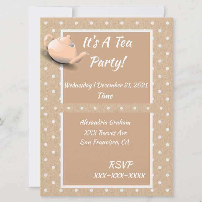 Cute Tea Party bjudande Beige Polka Dot Tekanna Inbjudningar (Framsida)
