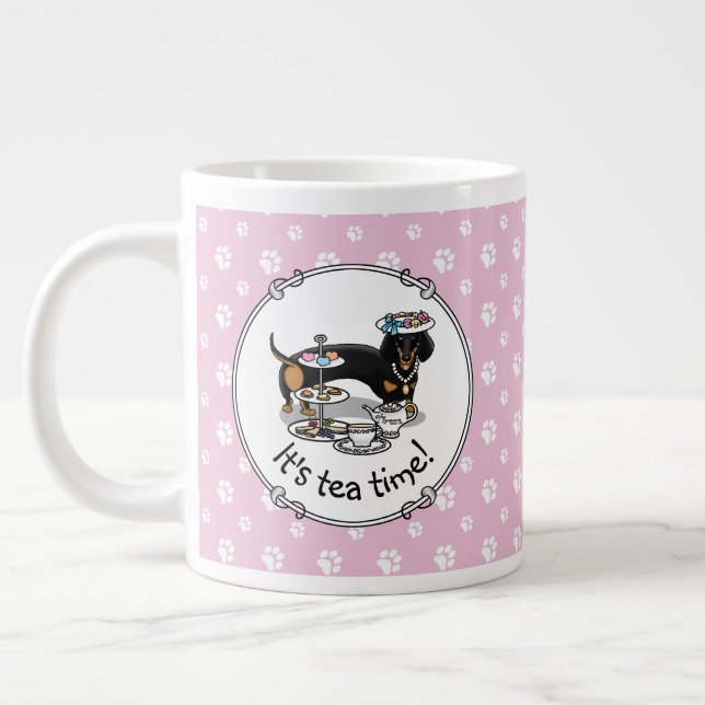 Cute Tea Party Dachshund Hund (svart och tan) Lust Jumbo Mugg (Vänster)