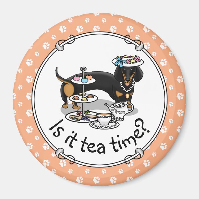 Cute Tea Party Dachshund Hund (svart och tan) Lust Magnet (Framsidan)
