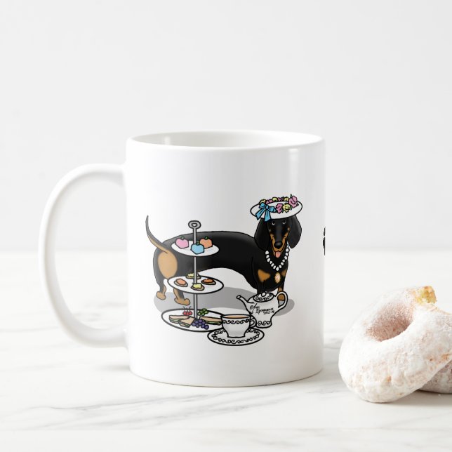 Cute Tea Party Dachshund (svartvitt) Rolig hund Kaffemugg (Med munk)