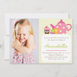 Cute Tea Party Kids Fotofödelsedagsinbjudan Inbjudningar
