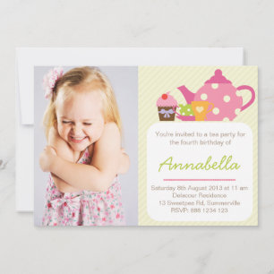 Cute Tea Party Kids Fotofödelsedagsinbjudan Inbjudningar