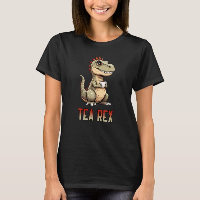 Cute Tea Rex Dinosaur Drinking Tea T Shirt (Framsida)