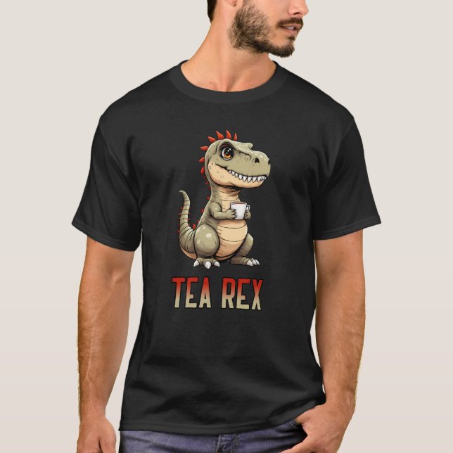 Cute Tea Rex Dinosaur Drinking Tea T Shirt (Framsida)