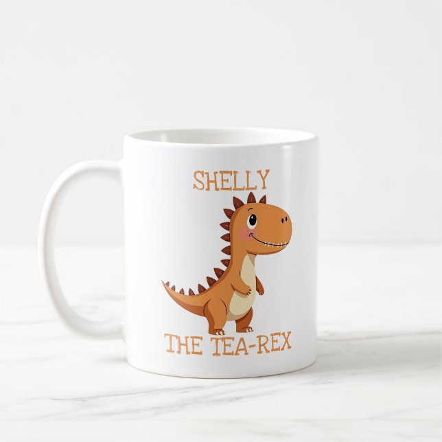 Cute Tea-Rex Dinosaur Personalized Name Kaffemugg (Vänster)