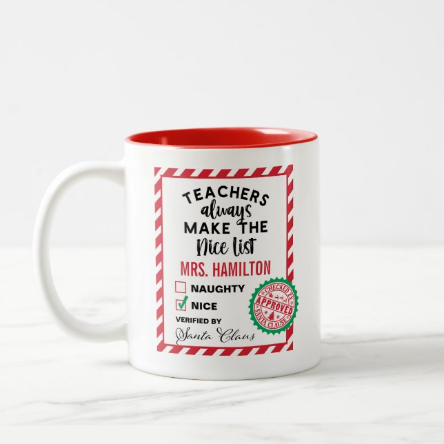 Cute Teacher Christmas Gift Nice List Mug Två-Tonad Mugg (Vänster)